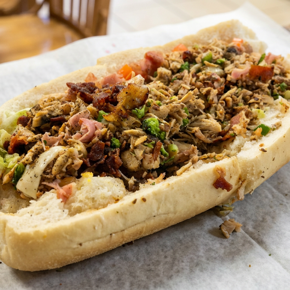 Loaded submarine sandwich on a soft roll with shredded meat, bacon, vegetables, and seasonings, served on parchment paper.