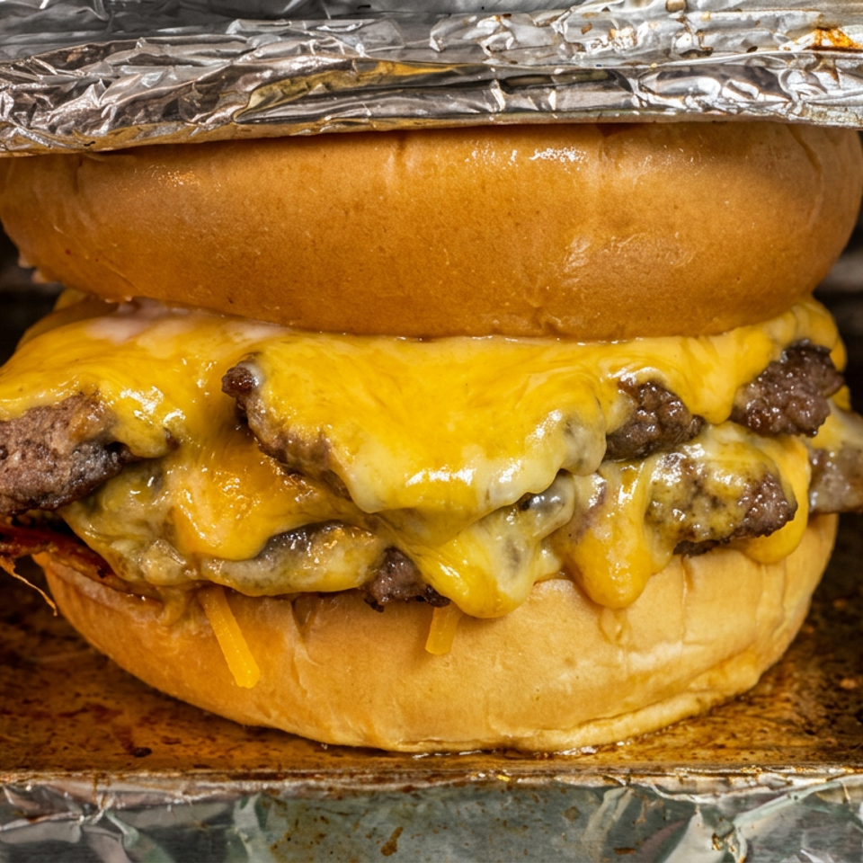 Double cheeseburger with melted cheddar, bacon, and a glossy bun resting on a foil-lined griddle.