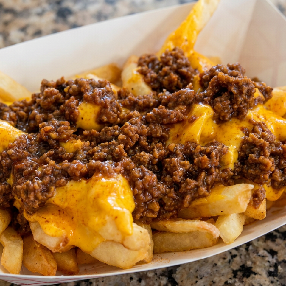 Crispy fries topped with melted cheese sauce and seasoned ground beef in a white serving tray.