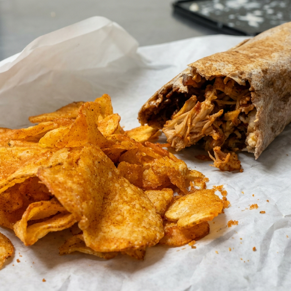 A toasted stuffed wrap filled with shredded meat and vegetables sits beside seasoned potato chips on parchment paper.