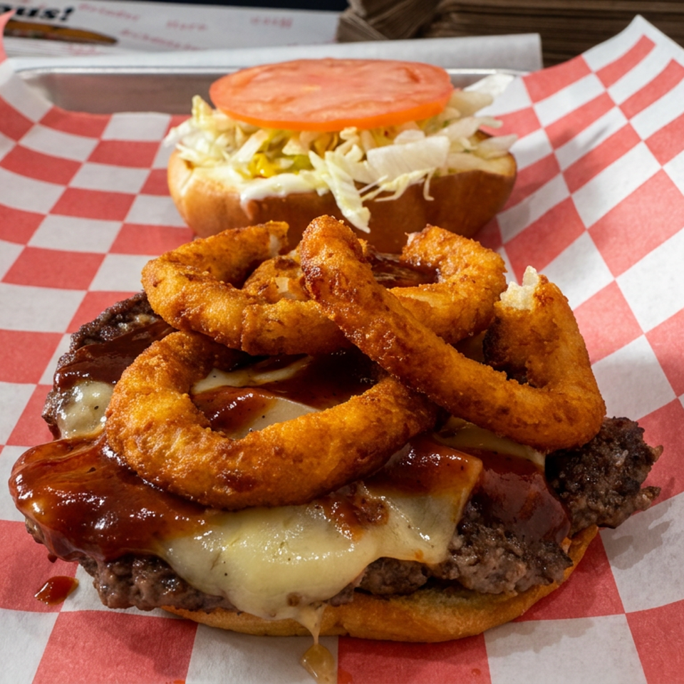 Barbecue cheeseburger topped with crispy onion rings, lettuce, and tomato on red-and-white checkered paper.